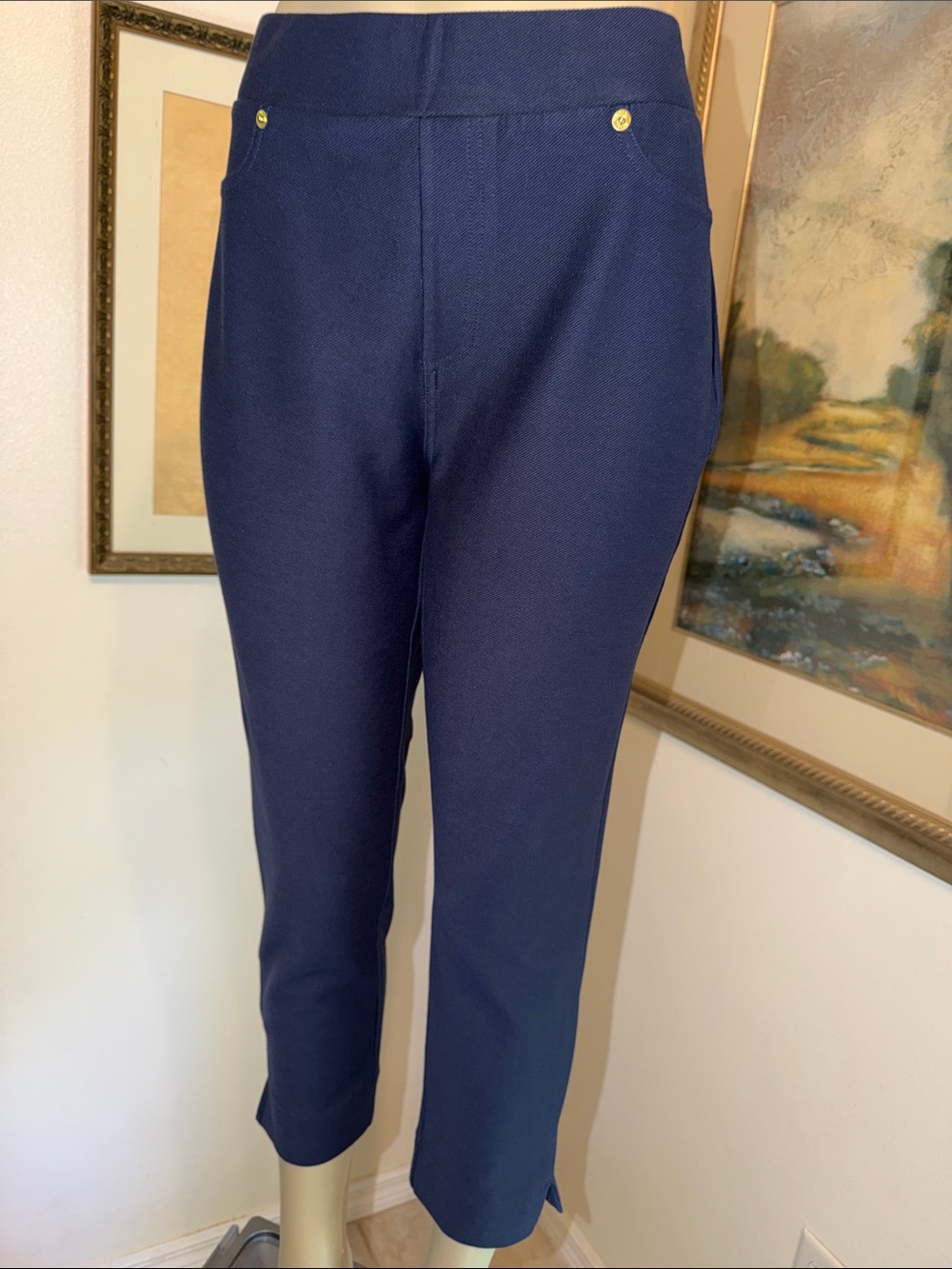 Michael Kors Pull On Navy Crop/Ankle Stretch Knit Pants Size Large - Picture 2 of 10